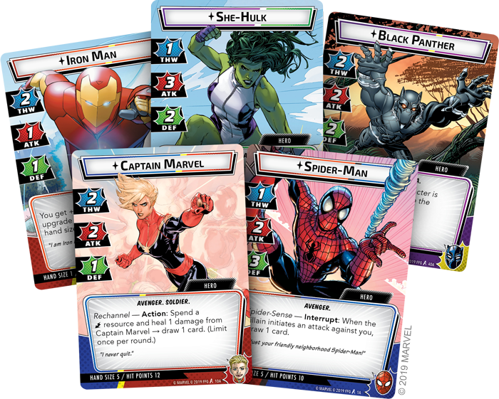 An image of the starting heroes from Marvel Champions: The Card Game.